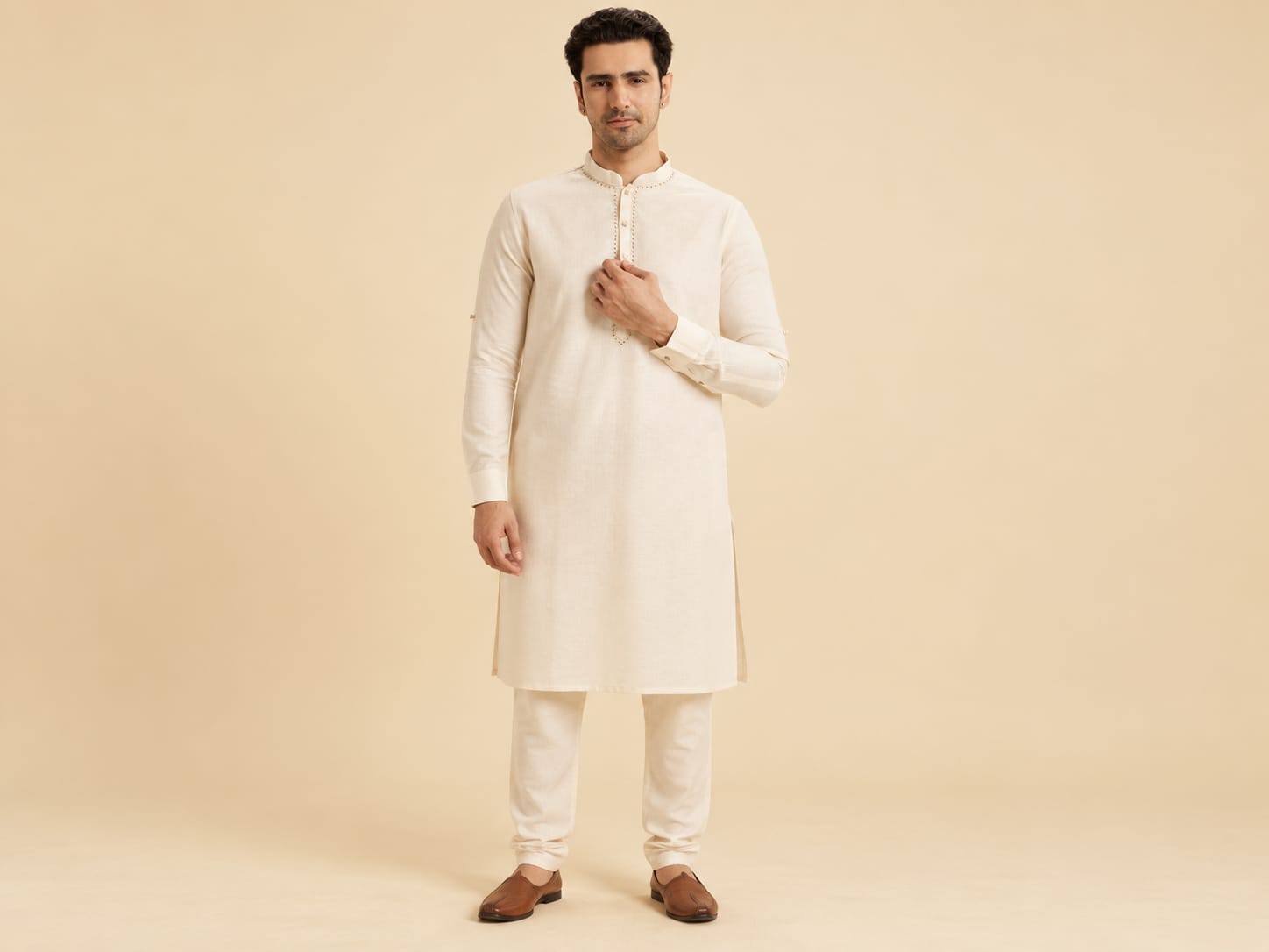 Manyavar Men's Cream Traditional Kurta with Pyjama